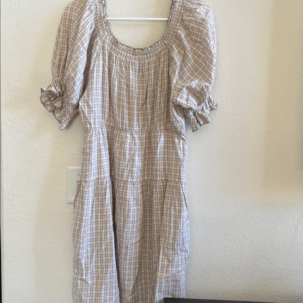 Old Navy Cream Plaid Square-Neck Midi Dress with Puff Sleeves - Picture 4 of 6